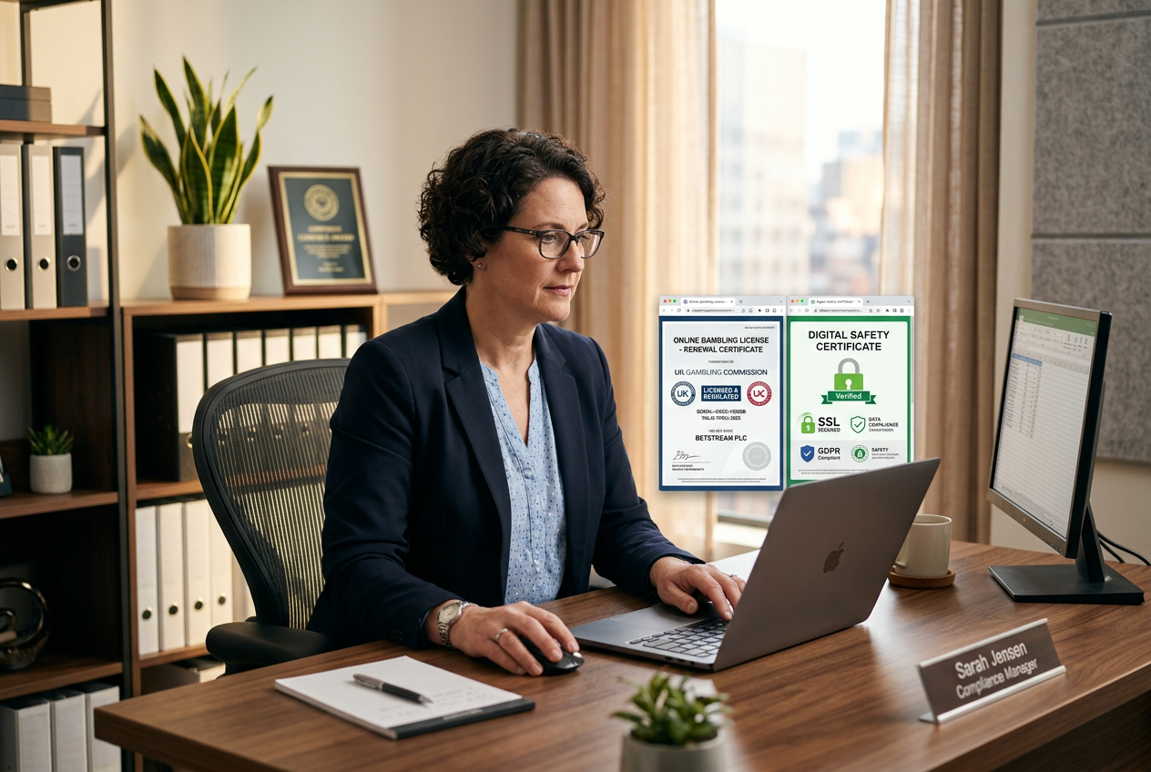 Person reviewing casino safety certificates on a laptop.