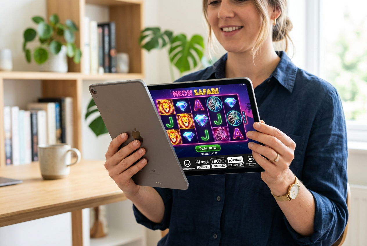 A tablet showing a legal online slot game with certification icons.