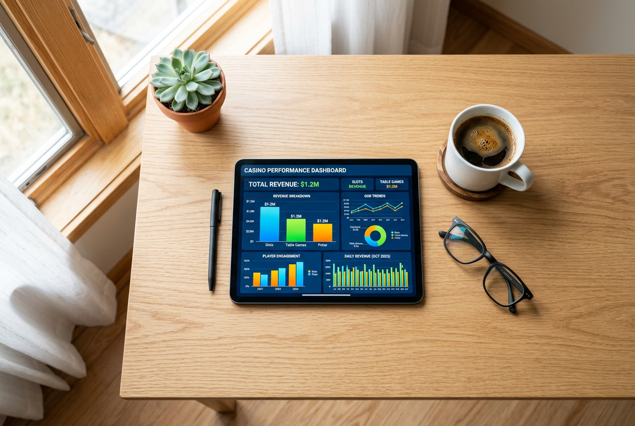 A professional workspace with a tablet showing analytical data charts and a cup of coffee.